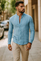 Men's Linen Grandad Collar Long Sleeve Shirt