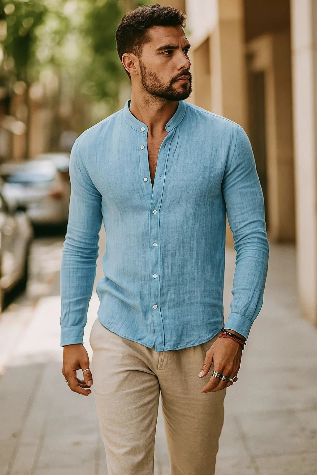 Men's Linen Grandad Collar Long Sleeve Shirt