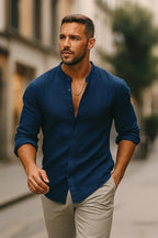 Men's Linen Grandad Collar Long Sleeve Shirt