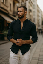 Men's Linen Grandad Collar Long Sleeve Shirt