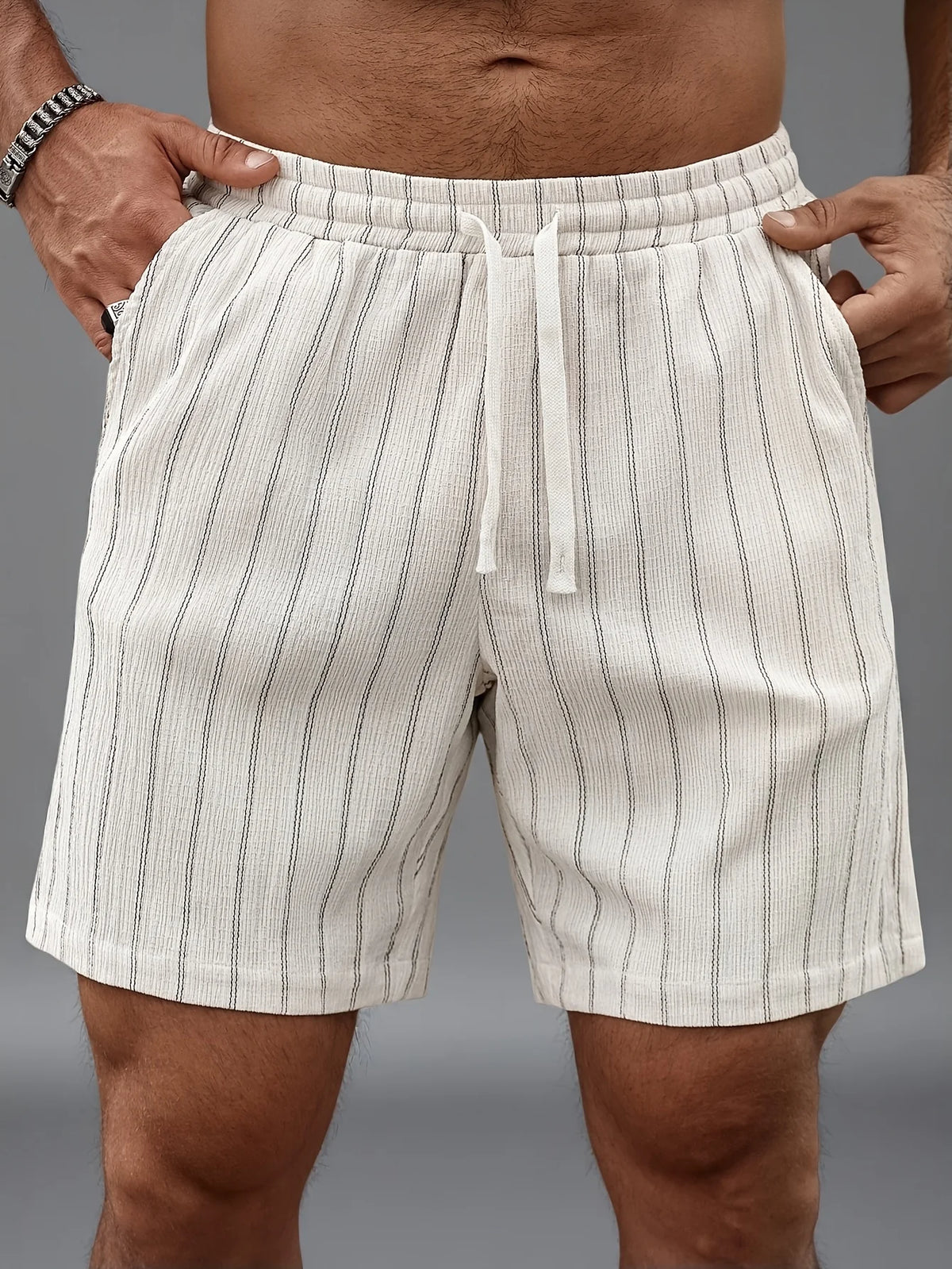Men's Pinstripe Elastic Drawstring Beach Shorts