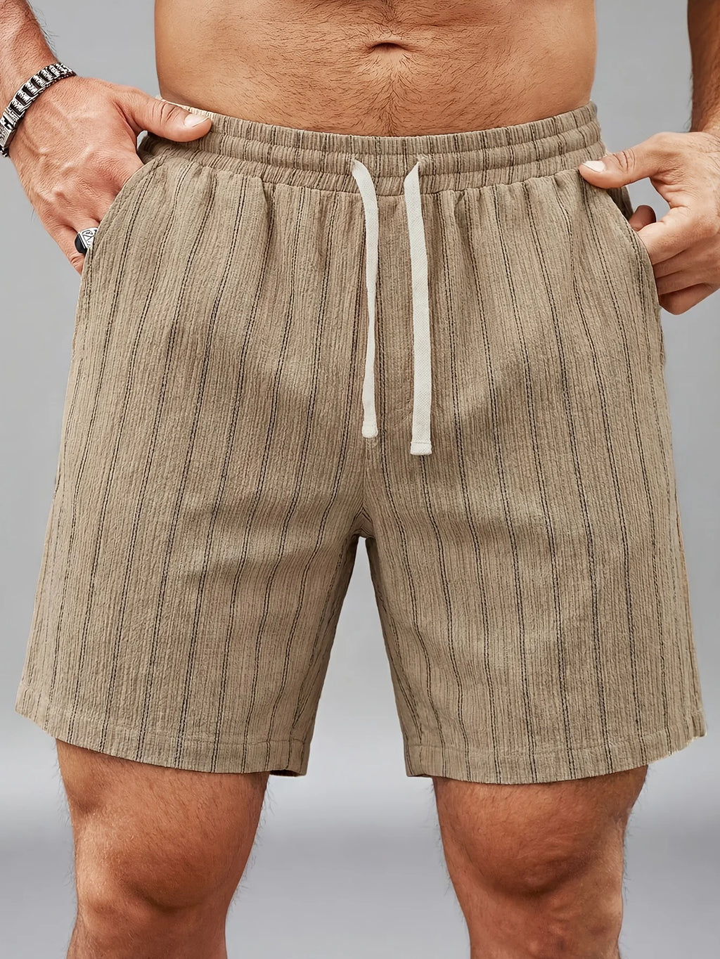 Men's Pinstripe Elastic Drawstring Beach Shorts