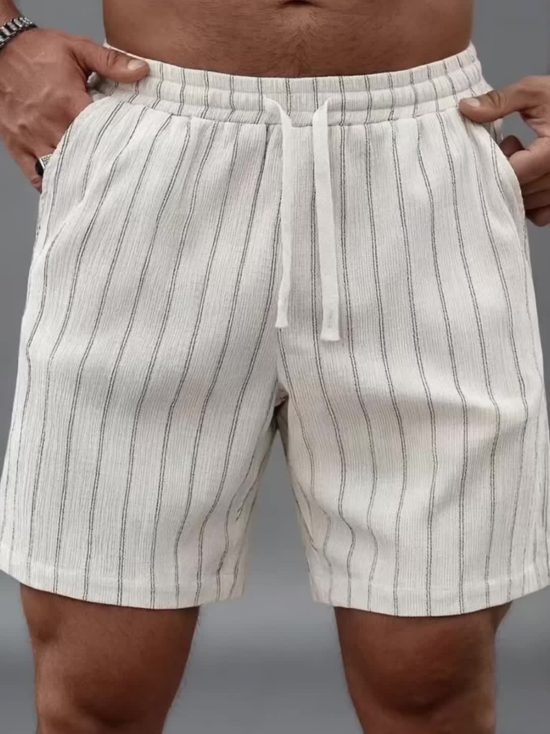 Men's Pinstripe Elastic Drawstring Beach Shorts