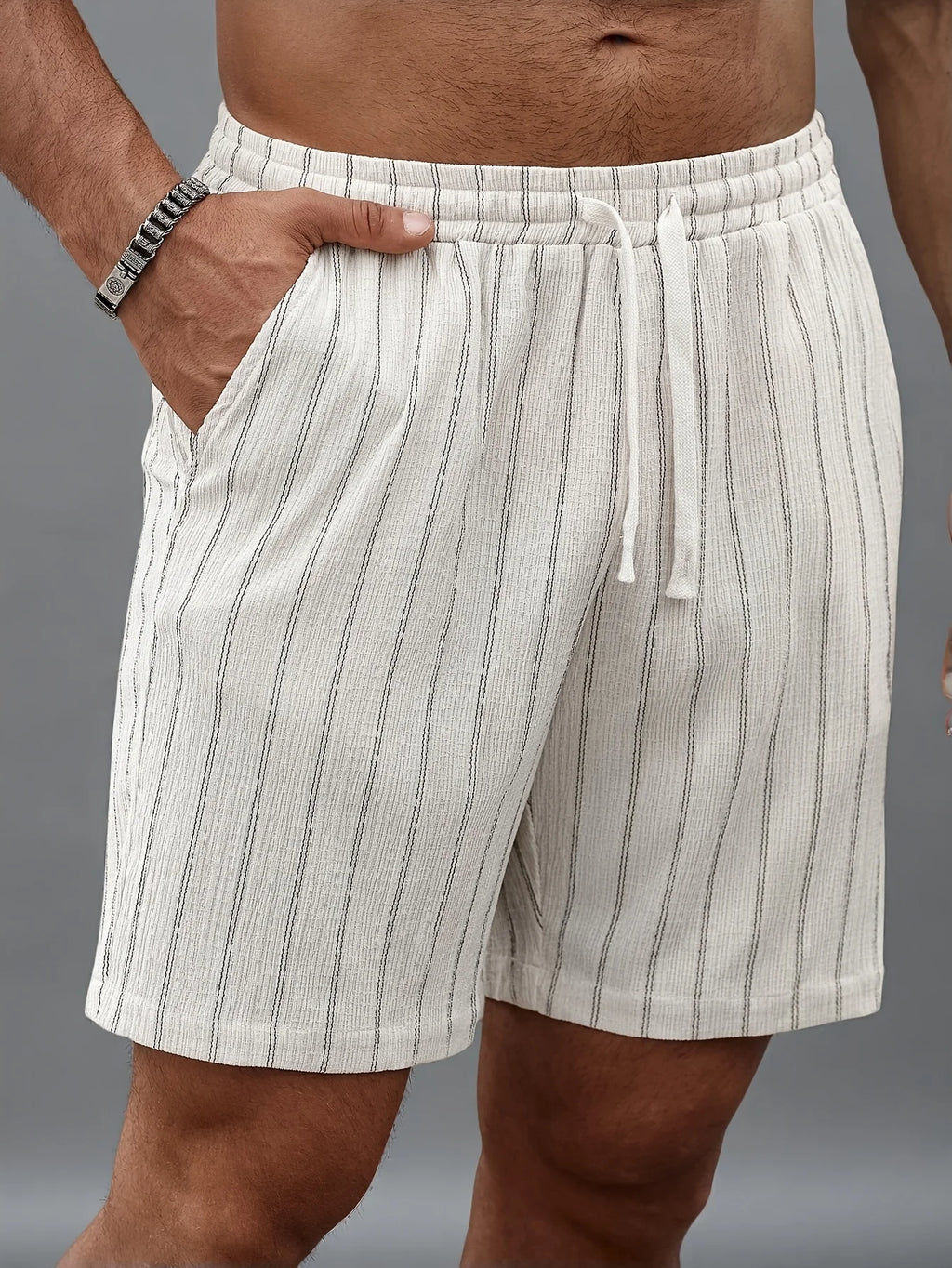 Men's Pinstripe Elastic Drawstring Beach Shorts