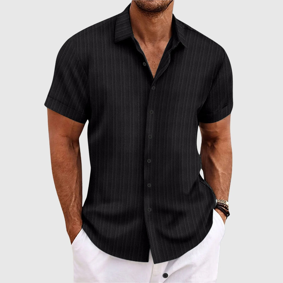 Men's Short Sleeve Textured Stripe Button Down Shirt
