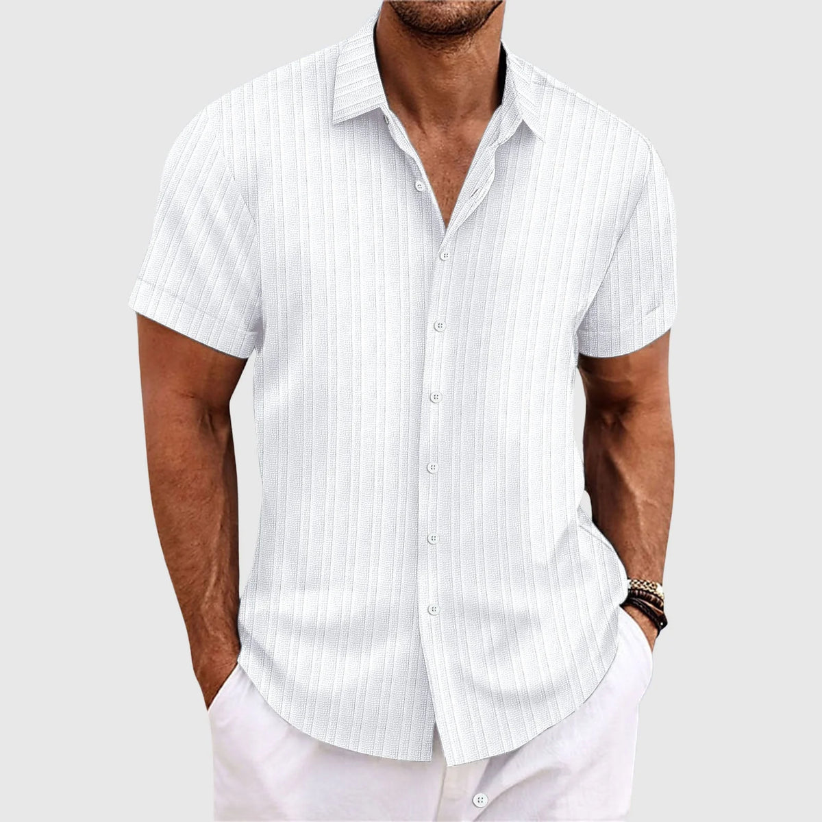 Men's Short Sleeve Textured Stripe Button Down Shirt