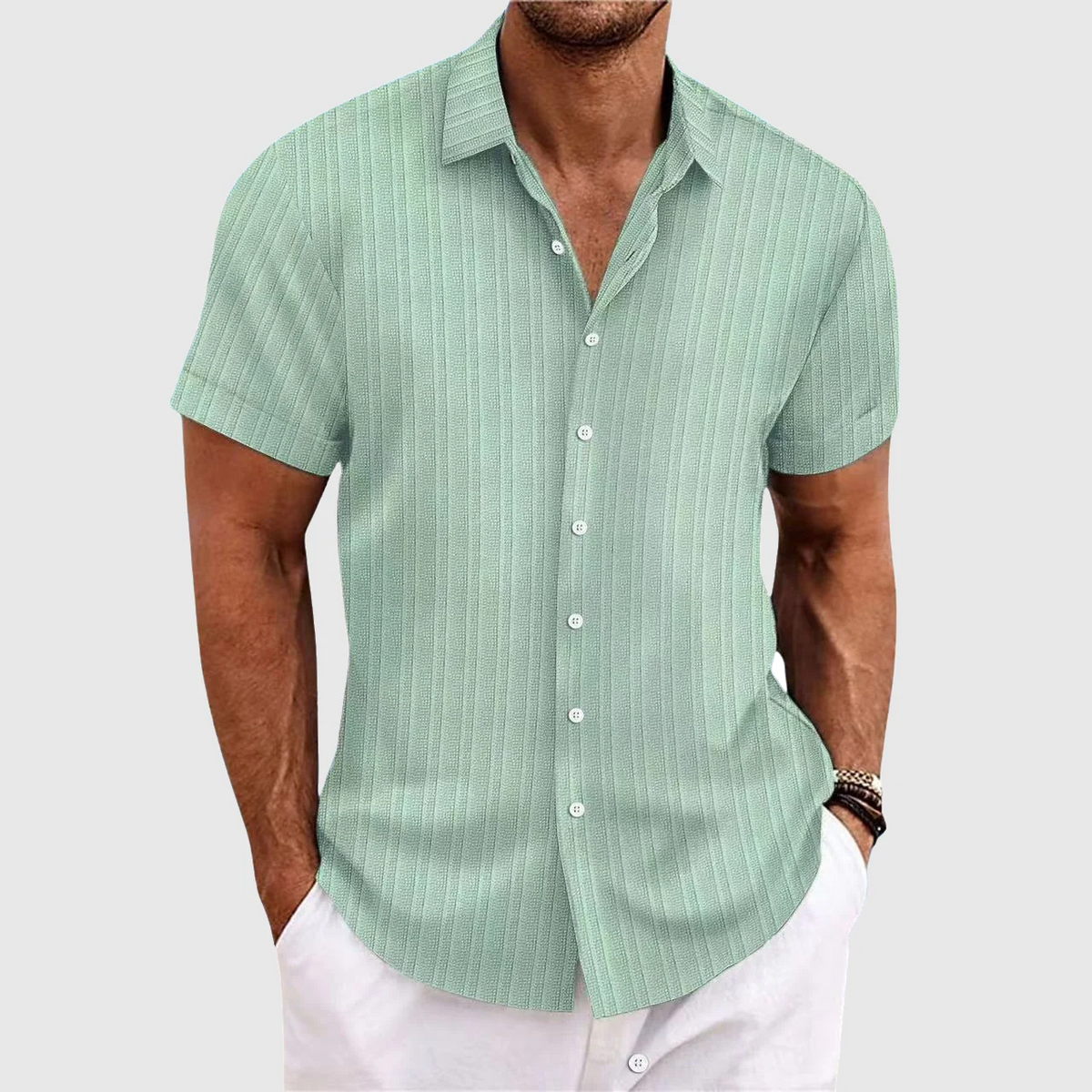 Men's Short Sleeve Textured Stripe Button Down Shirt