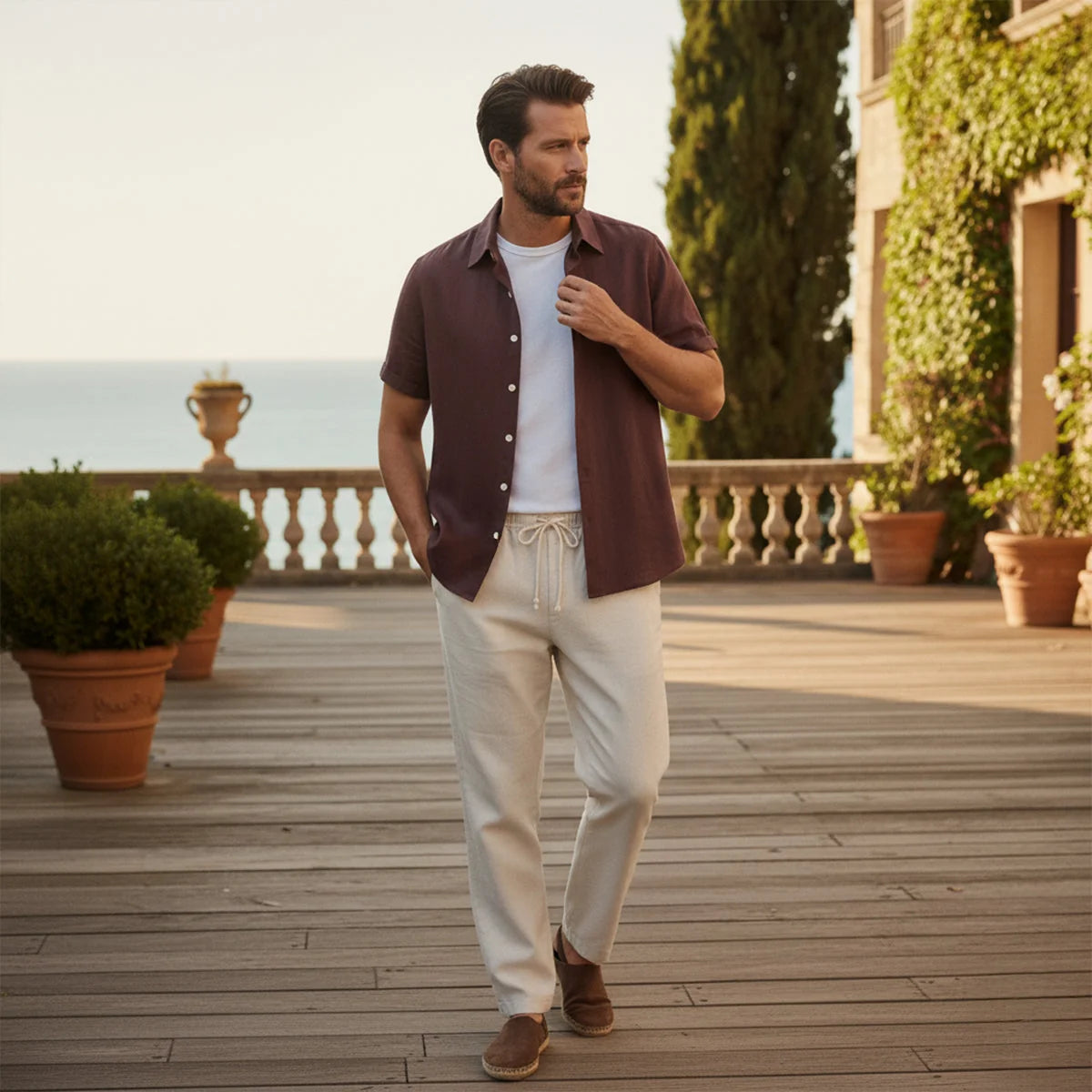 Men's Summer Casual Linen Shirt and Trousers Set