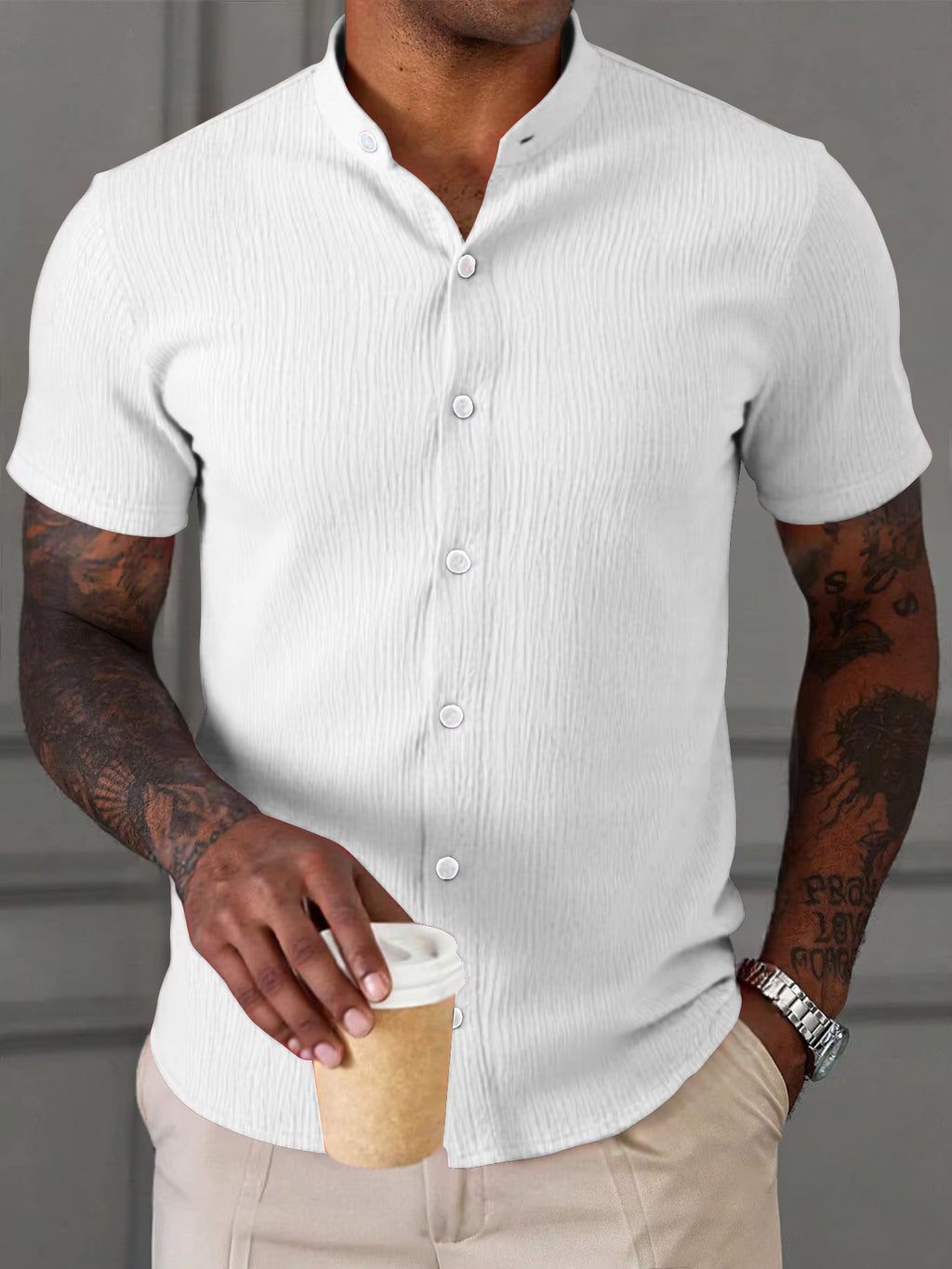 Men's Summer Casual Stand Collar Short Sleeve Shirt