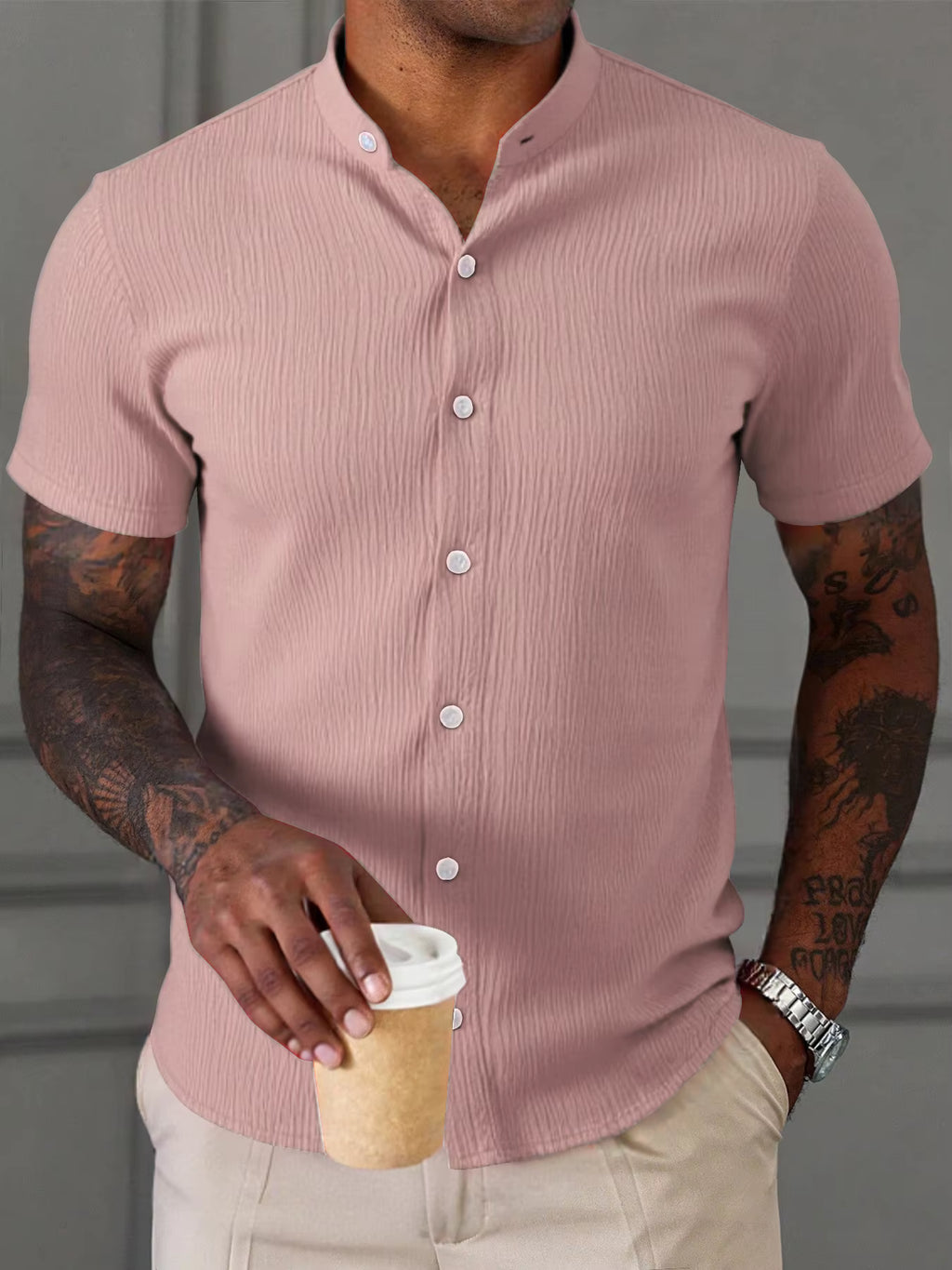 Men's Summer Casual Stand Collar Short Sleeve Shirt