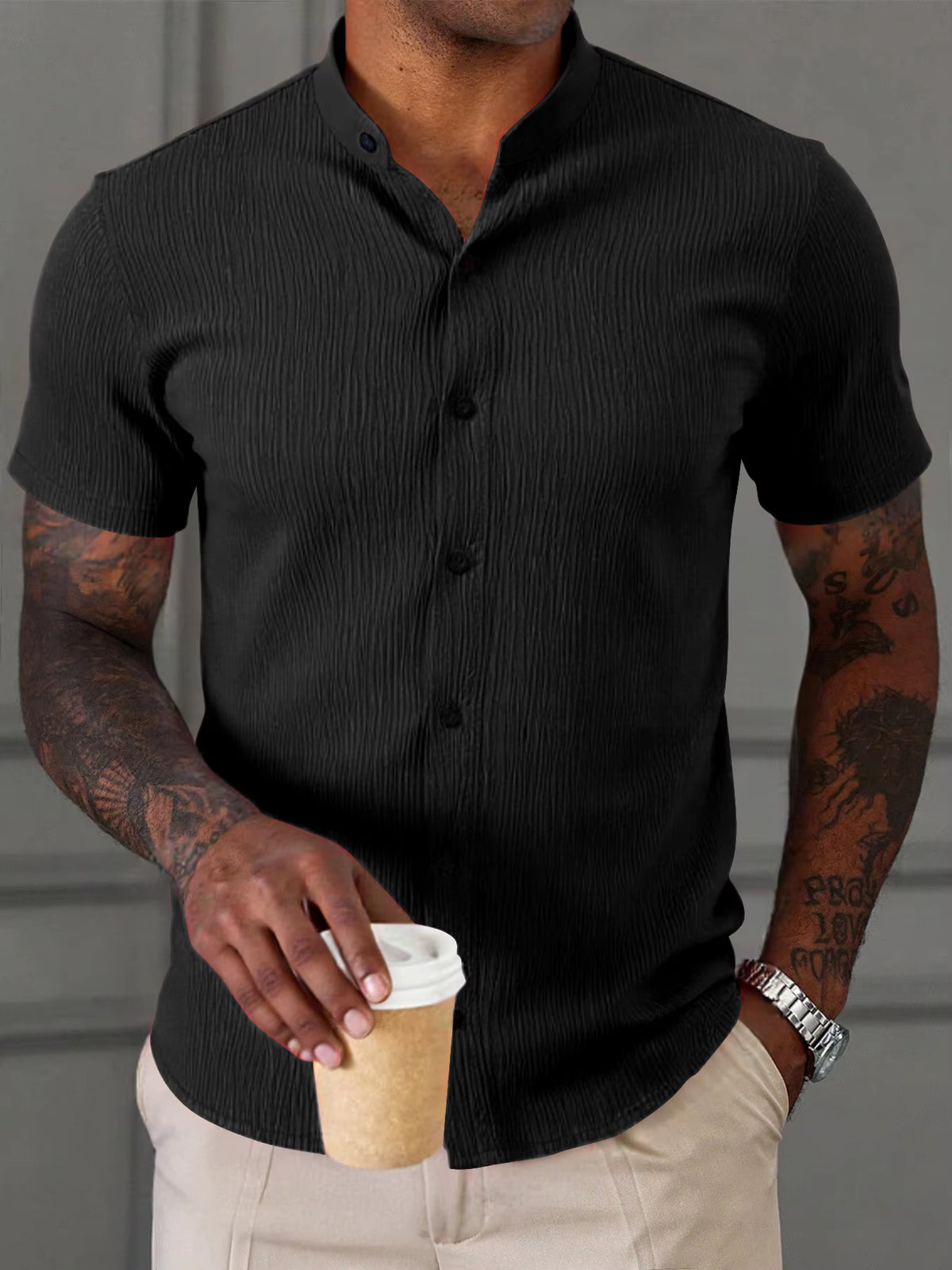 Men's Summer Casual Stand Collar Short Sleeve Shirt