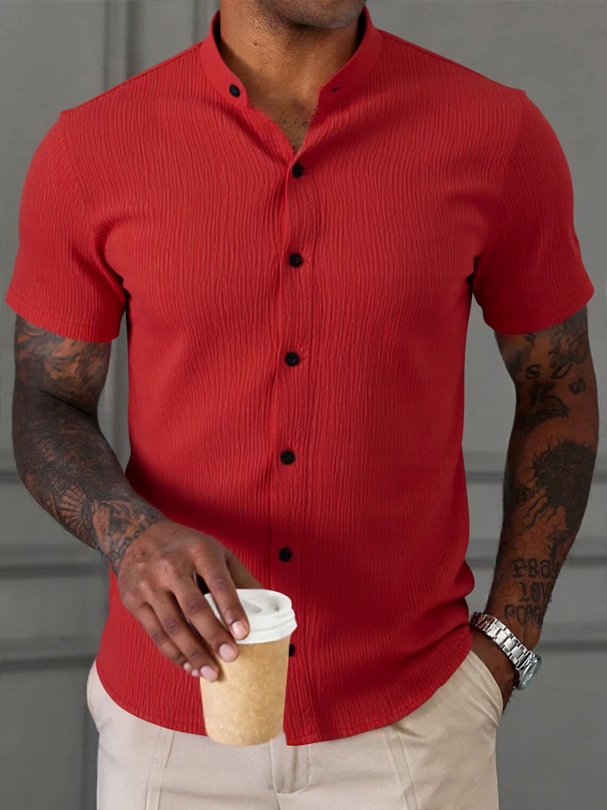 Men's Summer Casual Stand Collar Short Sleeve Shirt