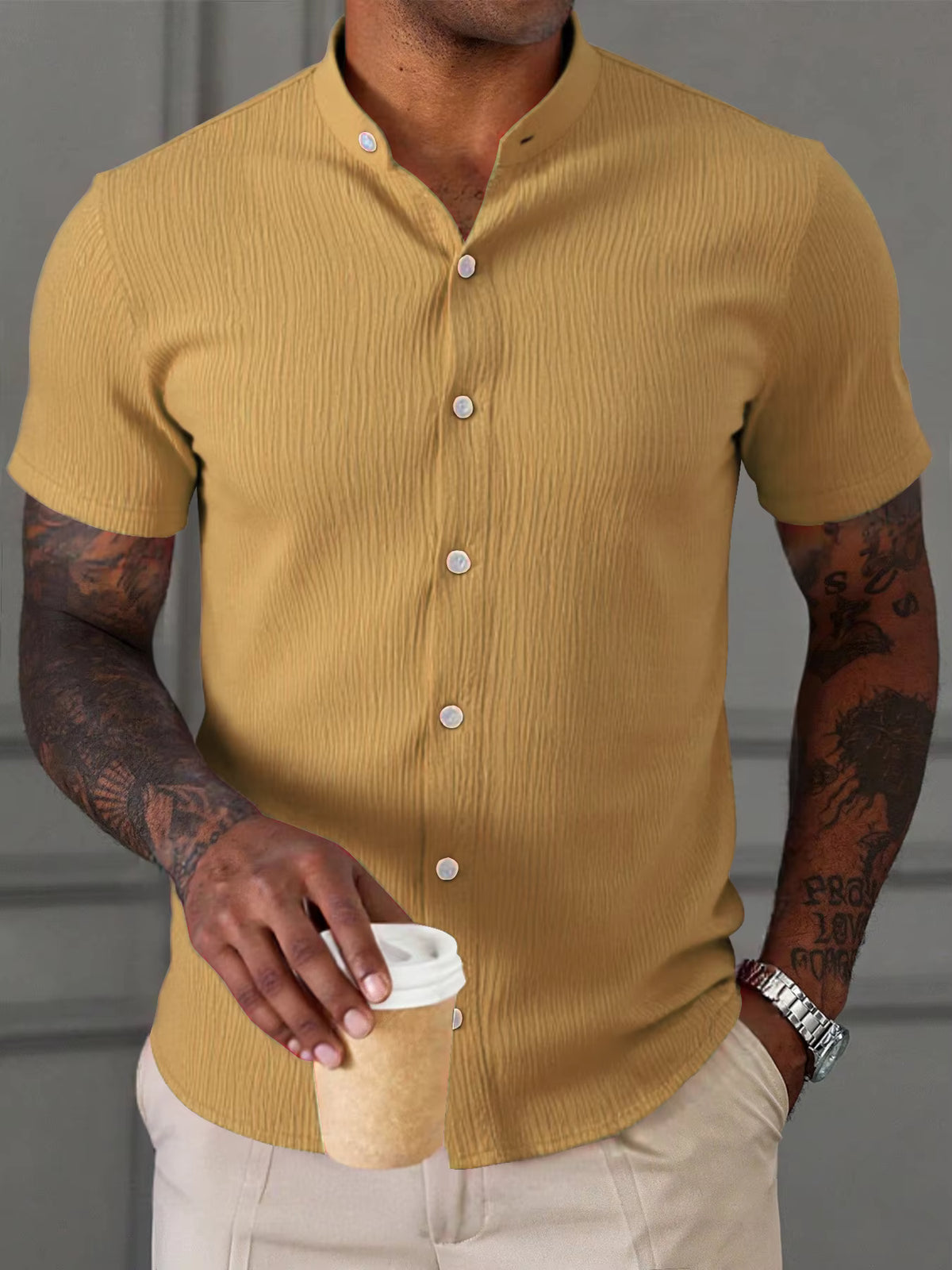 Men's Summer Casual Stand Collar Short Sleeve Shirt