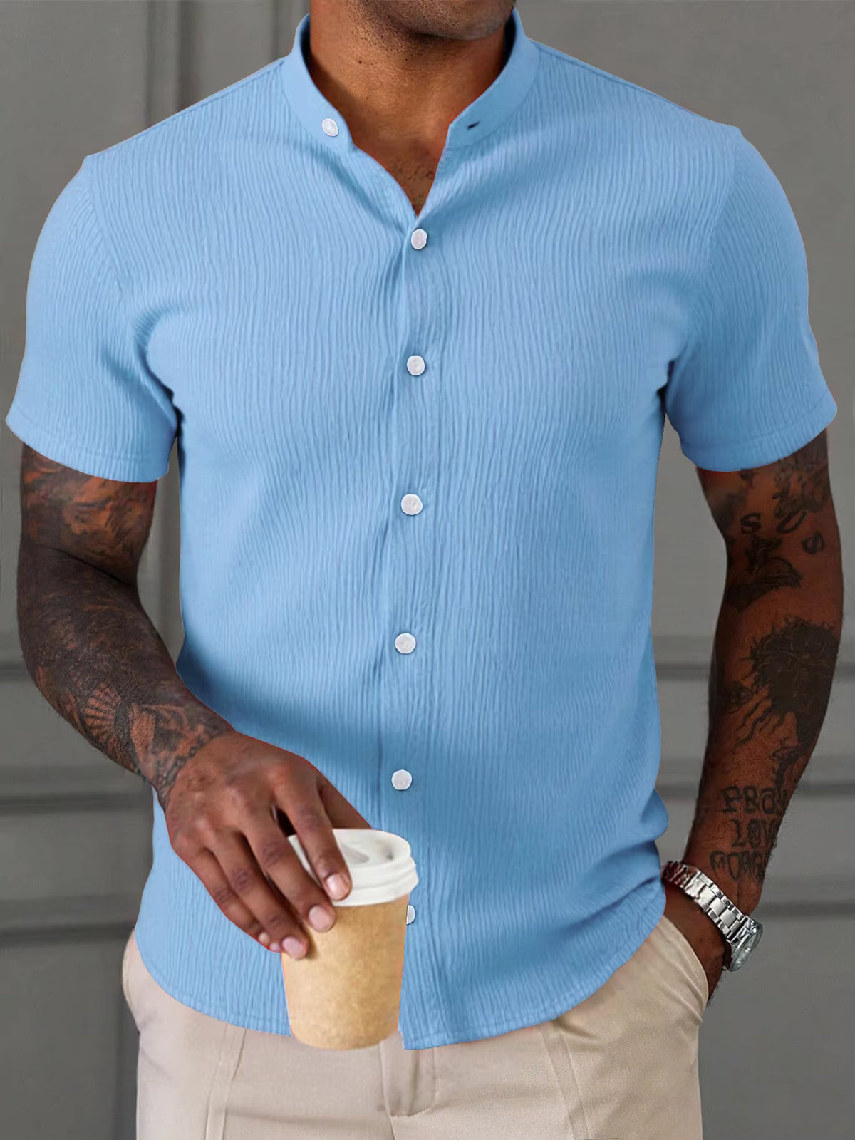 Men's Summer Casual Stand Collar Short Sleeve Shirt