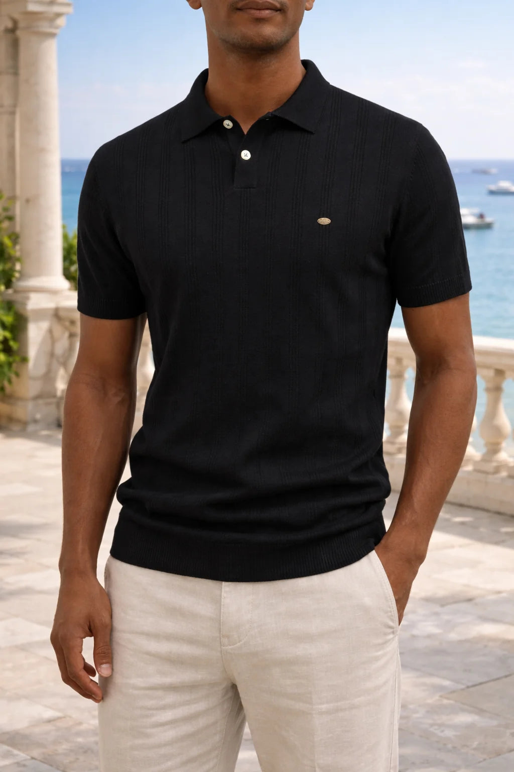 Men's Textured Knit Short Sleeve Polo Shirt