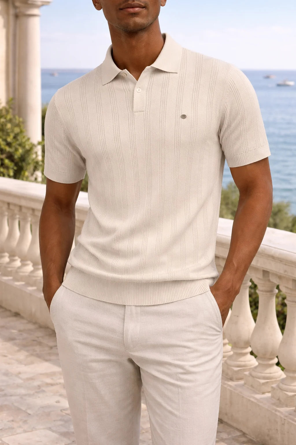 Men's Textured Knit Short Sleeve Polo Shirt