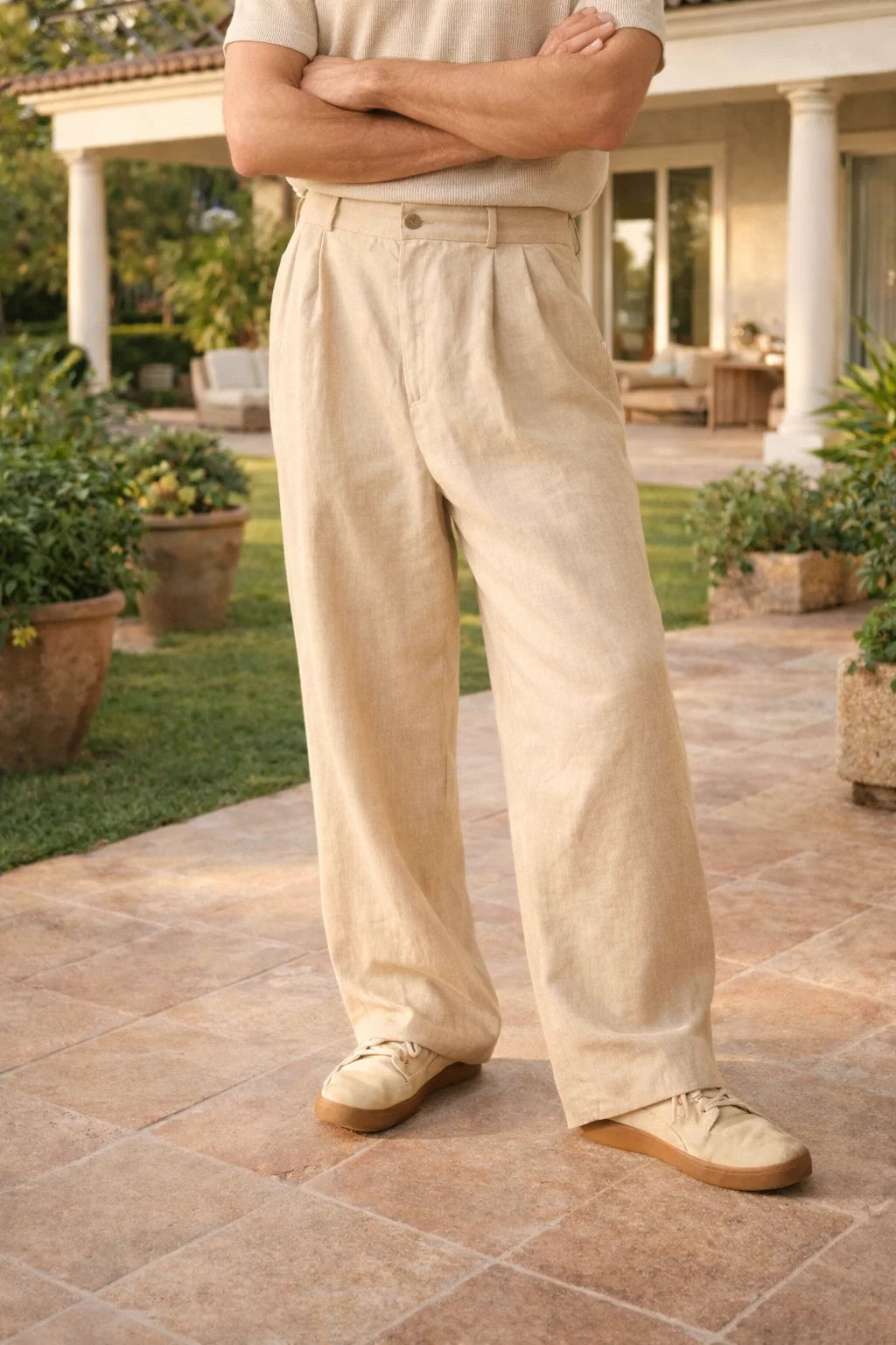 Men's Wide Leg Linen Pleated Relaxed Trousers