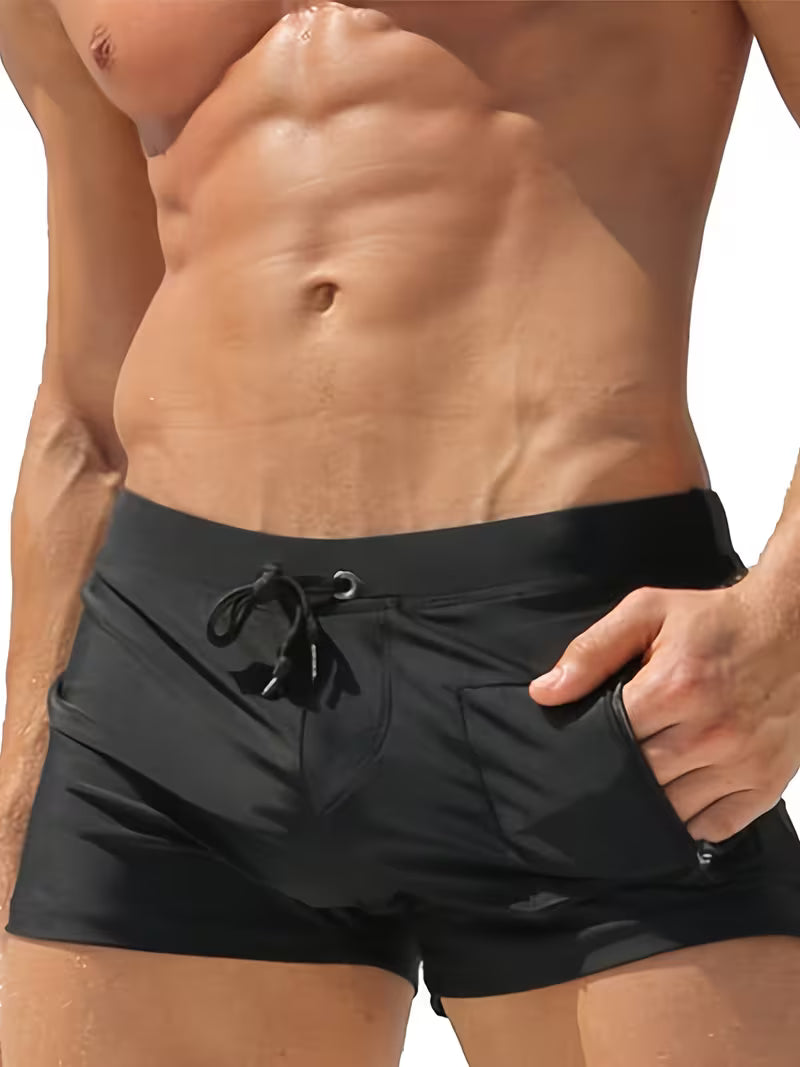 Trendy Zipper Boxer Swim Trunks for Men