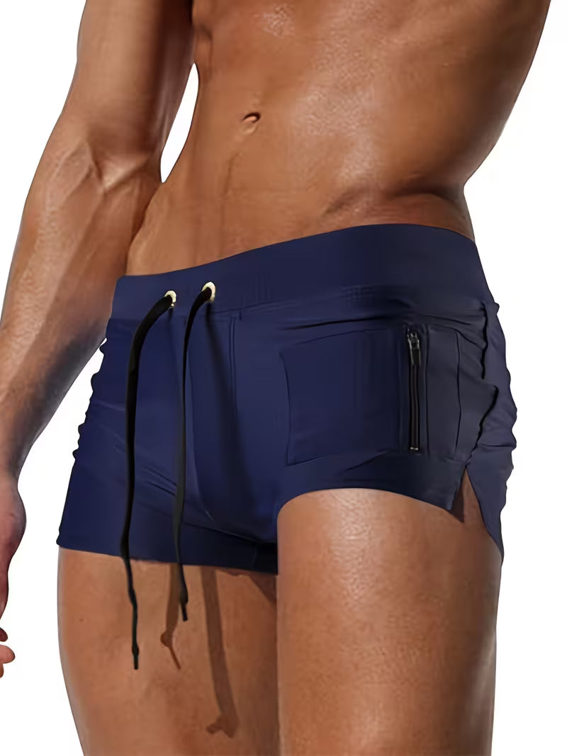 Trendy Zipper Boxer Swim Trunks for Men