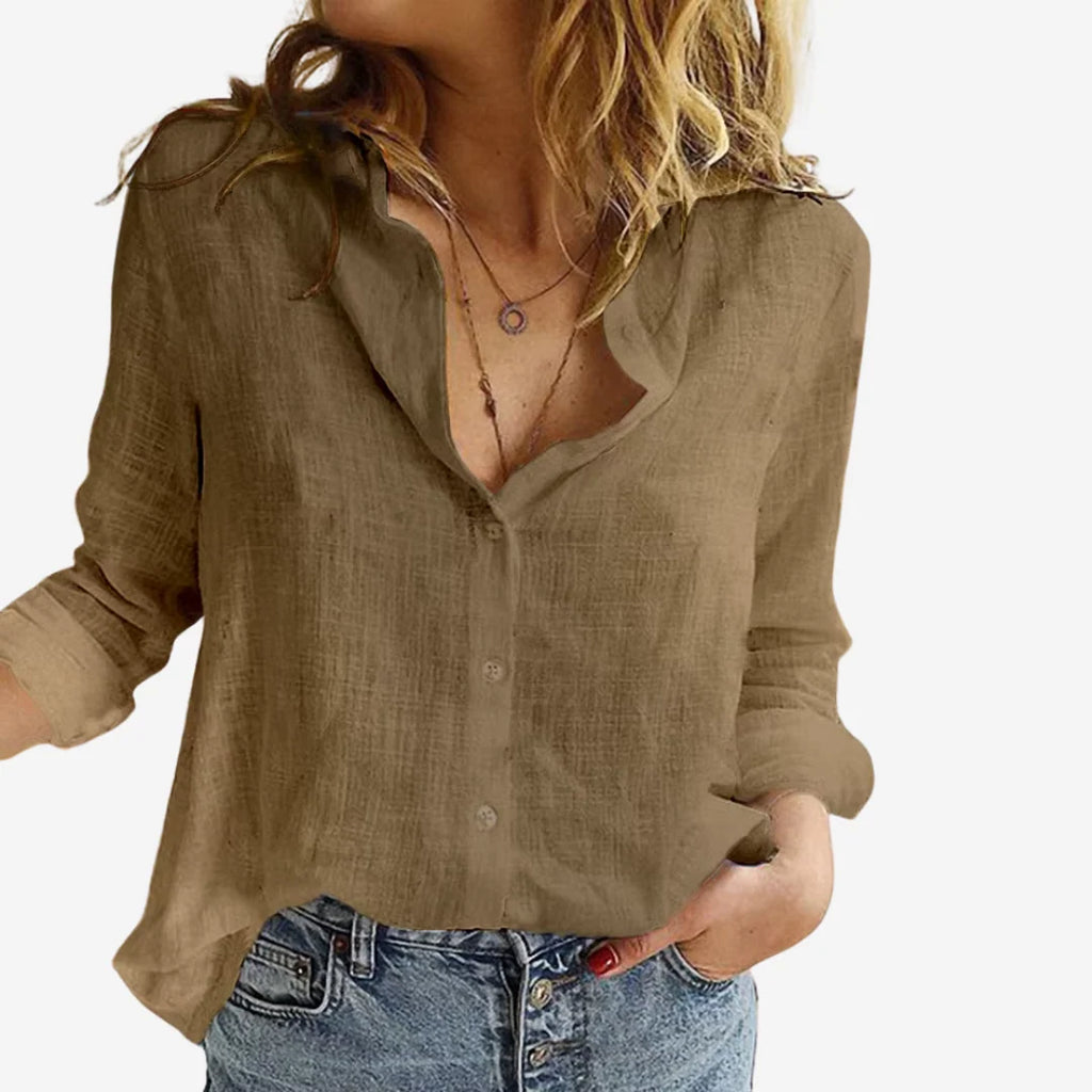 Women's Button-Front Roll-Tab Sleeve Blouse