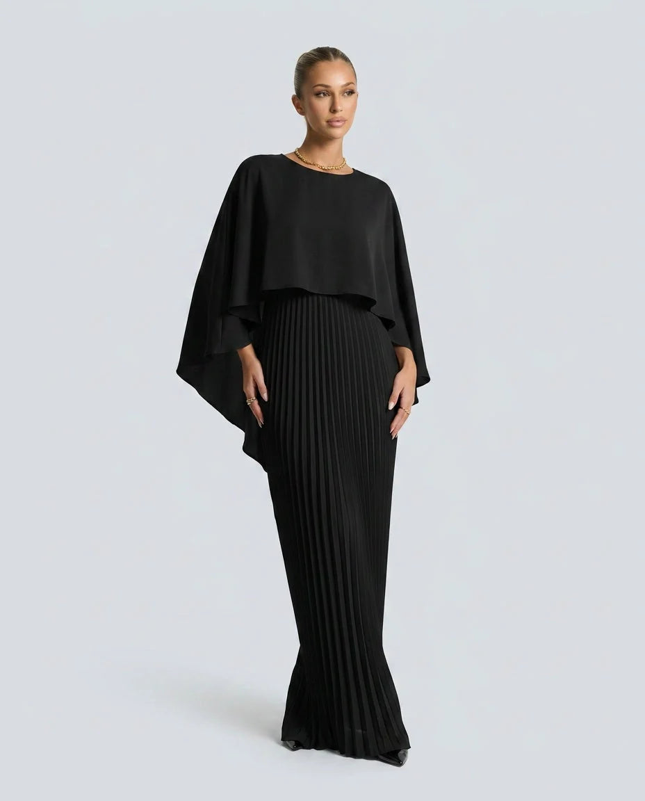 Women's Cape Overlay Pleated Maxi Dress