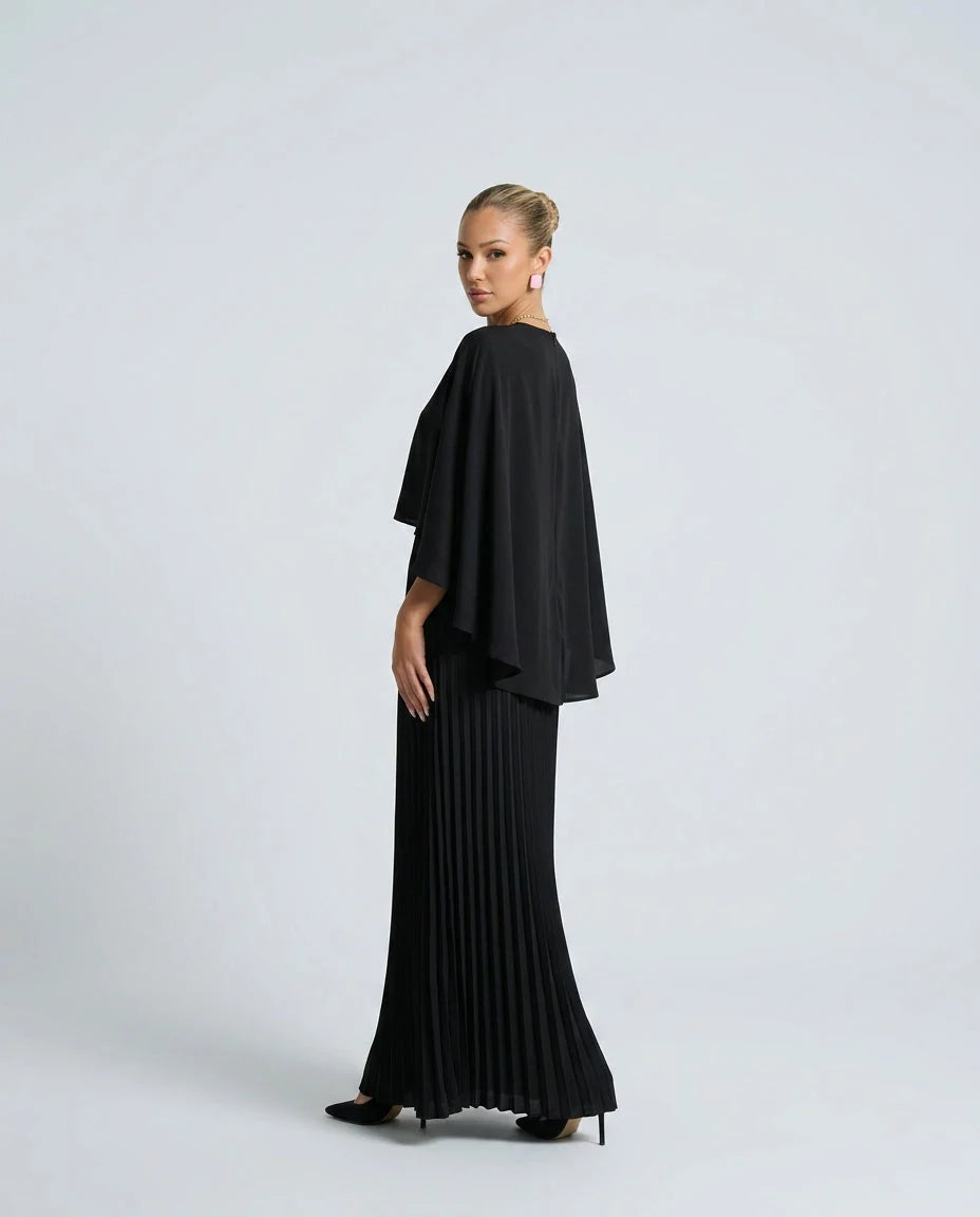 Women's Cape Overlay Pleated Maxi Dress
