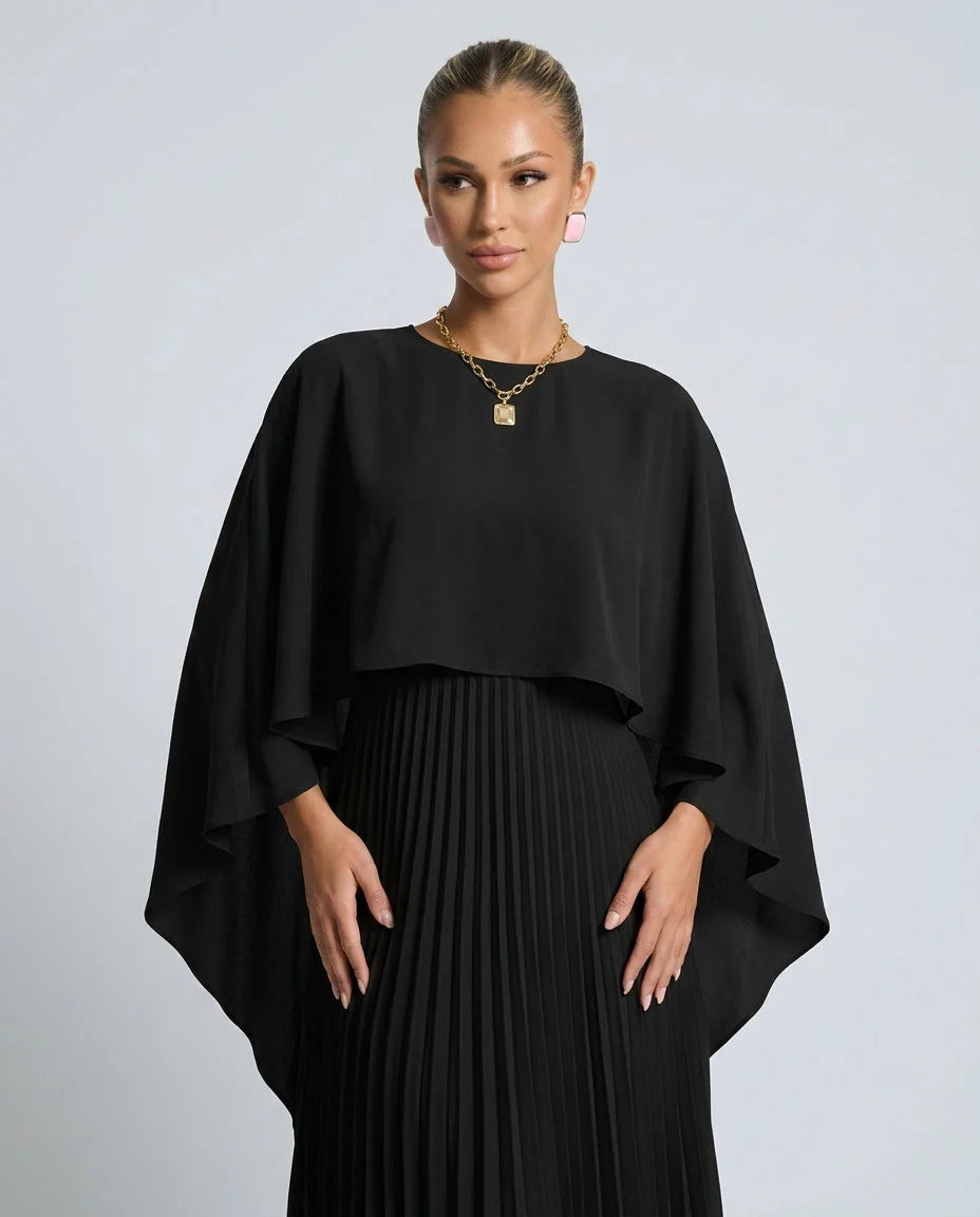 Women's Cape Overlay Pleated Maxi Dress