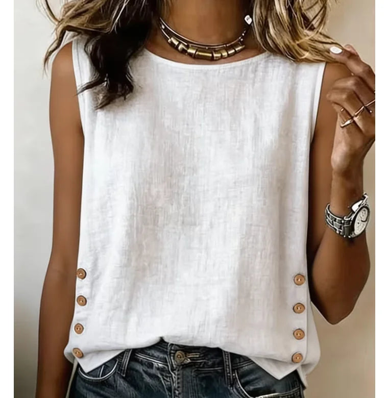 Women's Casual Linen Tank Top with Side Buttons