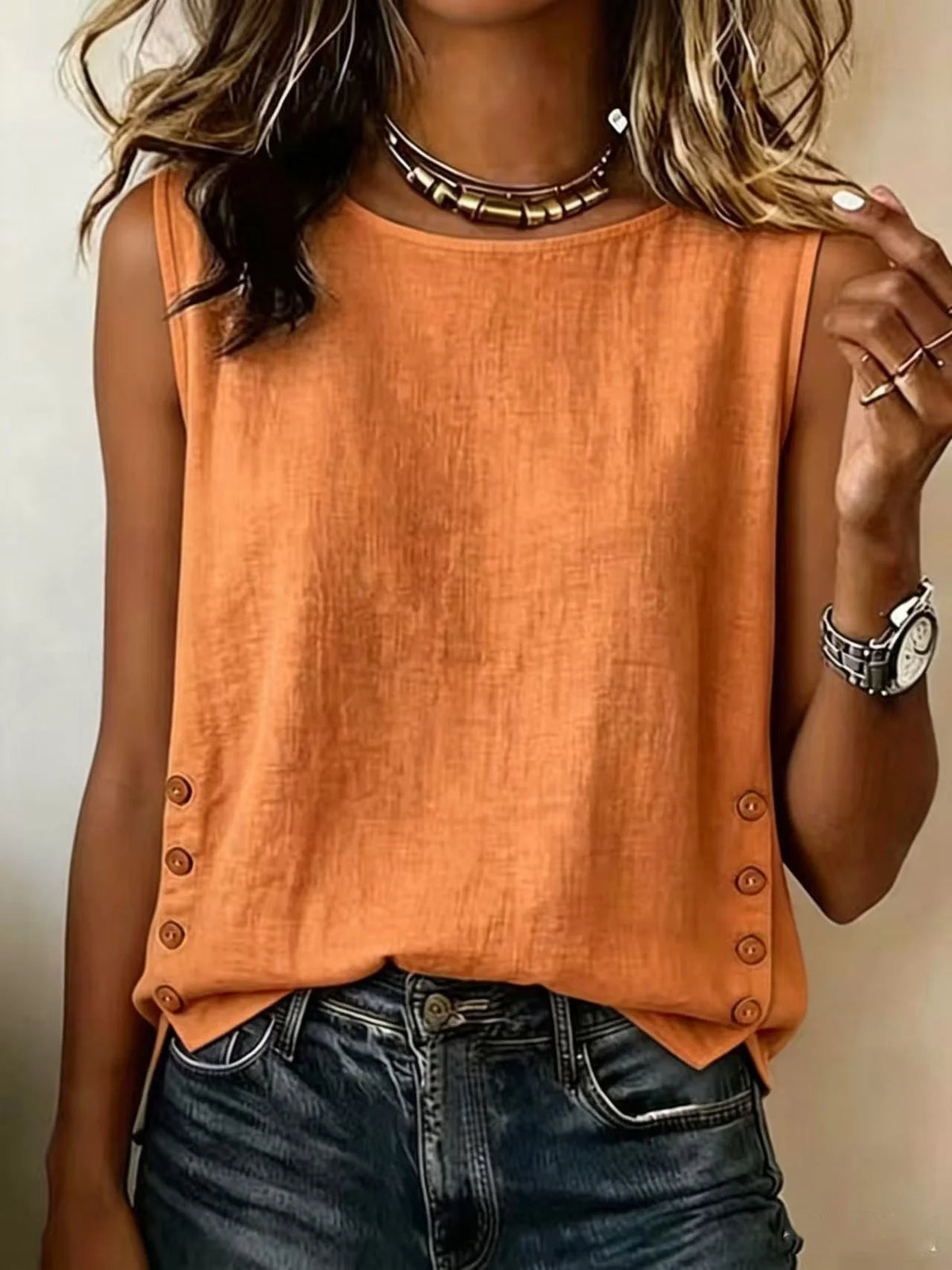 Women's Casual Linen Tank Top with Side Buttons