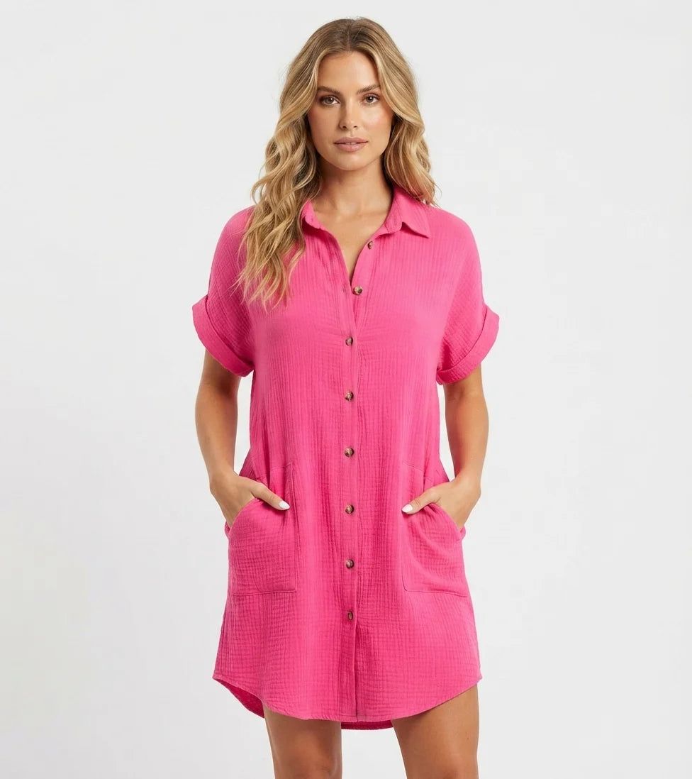 Women's Cotton Linen Shirt Mini Dress