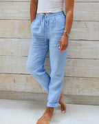Women's Drawstring Waist Relaxed Straight-Leg Linen Trousers