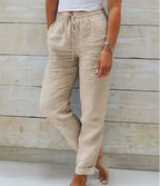 Women's Drawstring Waist Relaxed Straight-Leg Linen Trousers