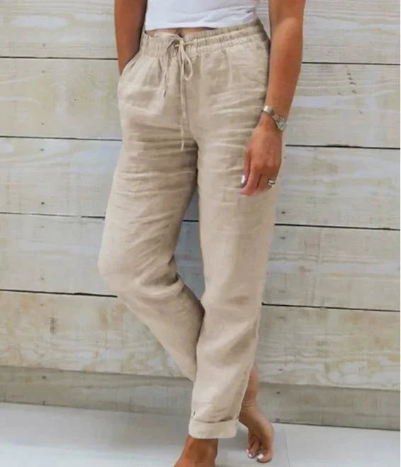 Women's Drawstring Waist Relaxed Straight-Leg Linen Trousers
