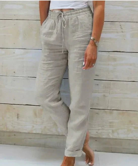 Women's Drawstring Waist Relaxed Straight-Leg Linen Trousers