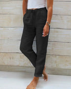 Women's Drawstring Waist Relaxed Straight-Leg Linen Trousers
