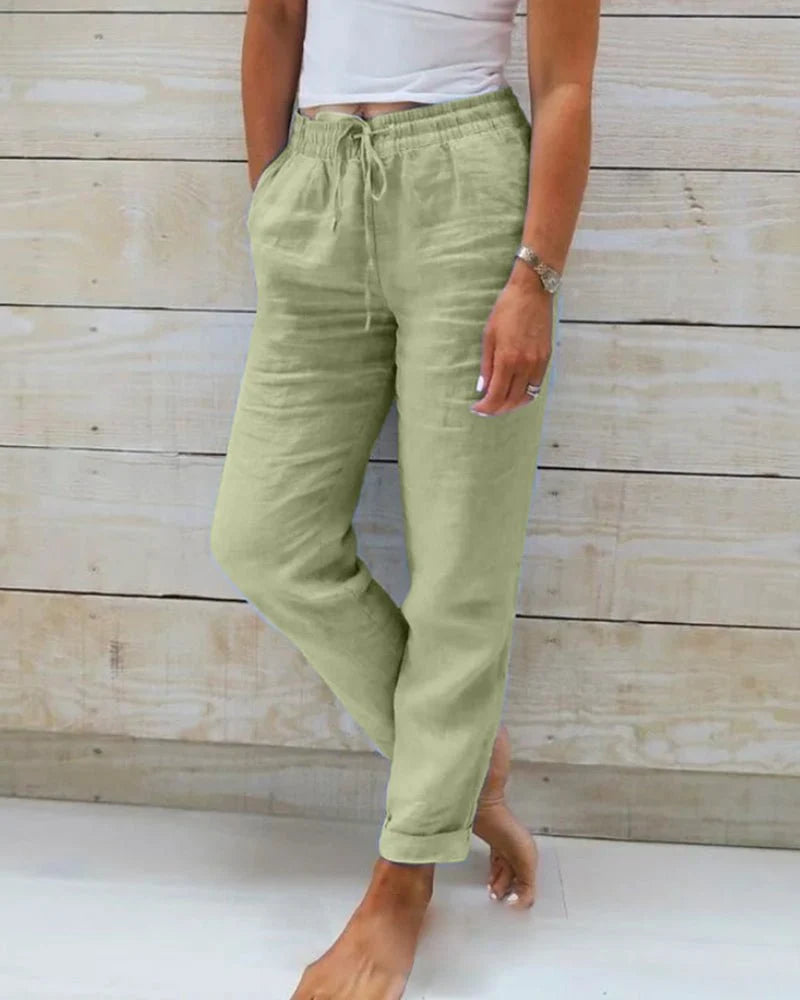 Women's Drawstring Waist Relaxed Straight-Leg Linen Trousers