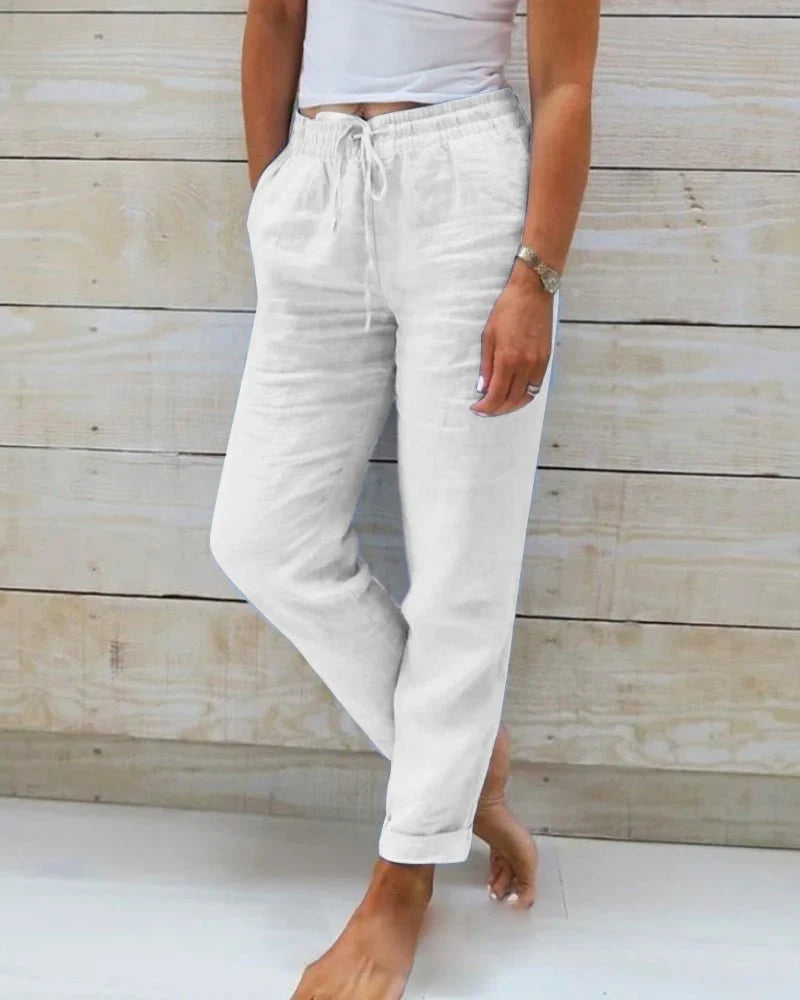 Women's Drawstring Waist Relaxed Straight-Leg Linen Trousers