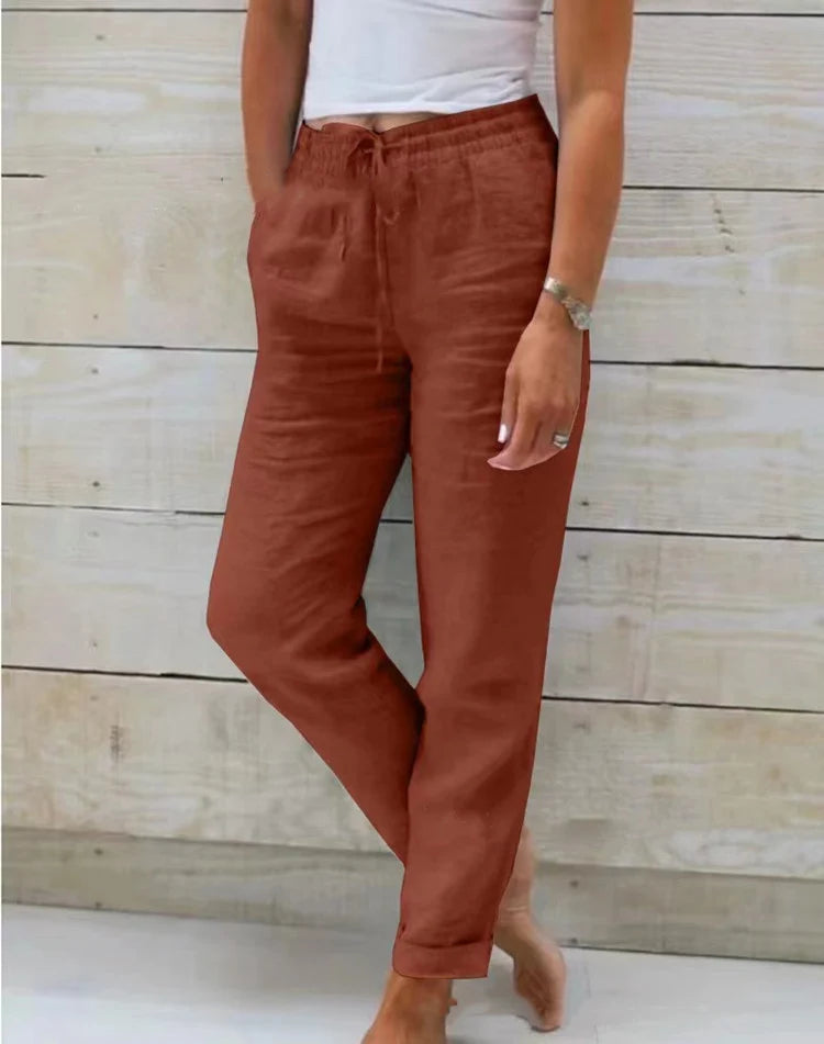 Women's Drawstring Waist Relaxed Straight-Leg Linen Trousers