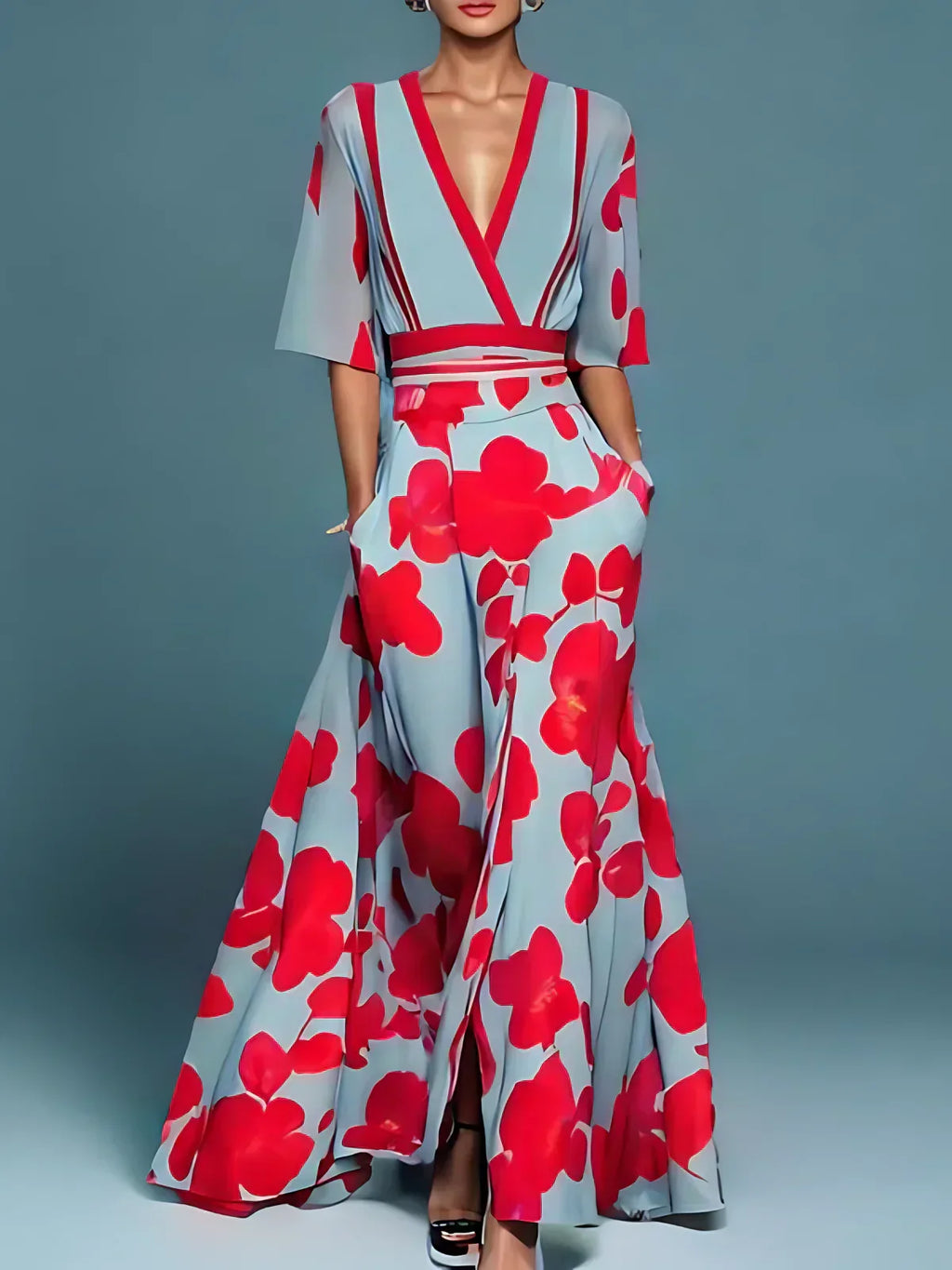 Women's Elegant Floral V-Neck Long Dress