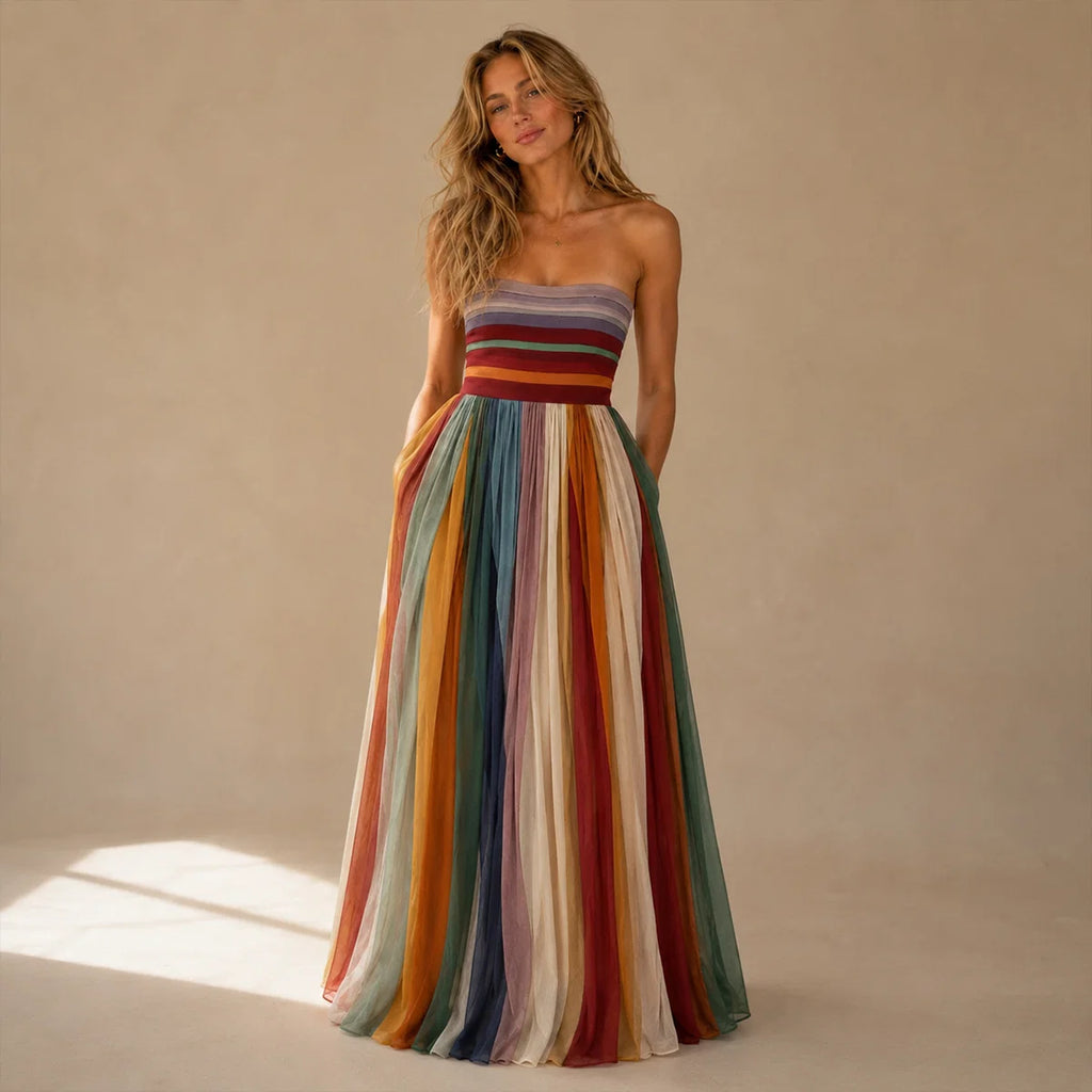 Women's Elegant Pleated Strapless Maxi Dress
