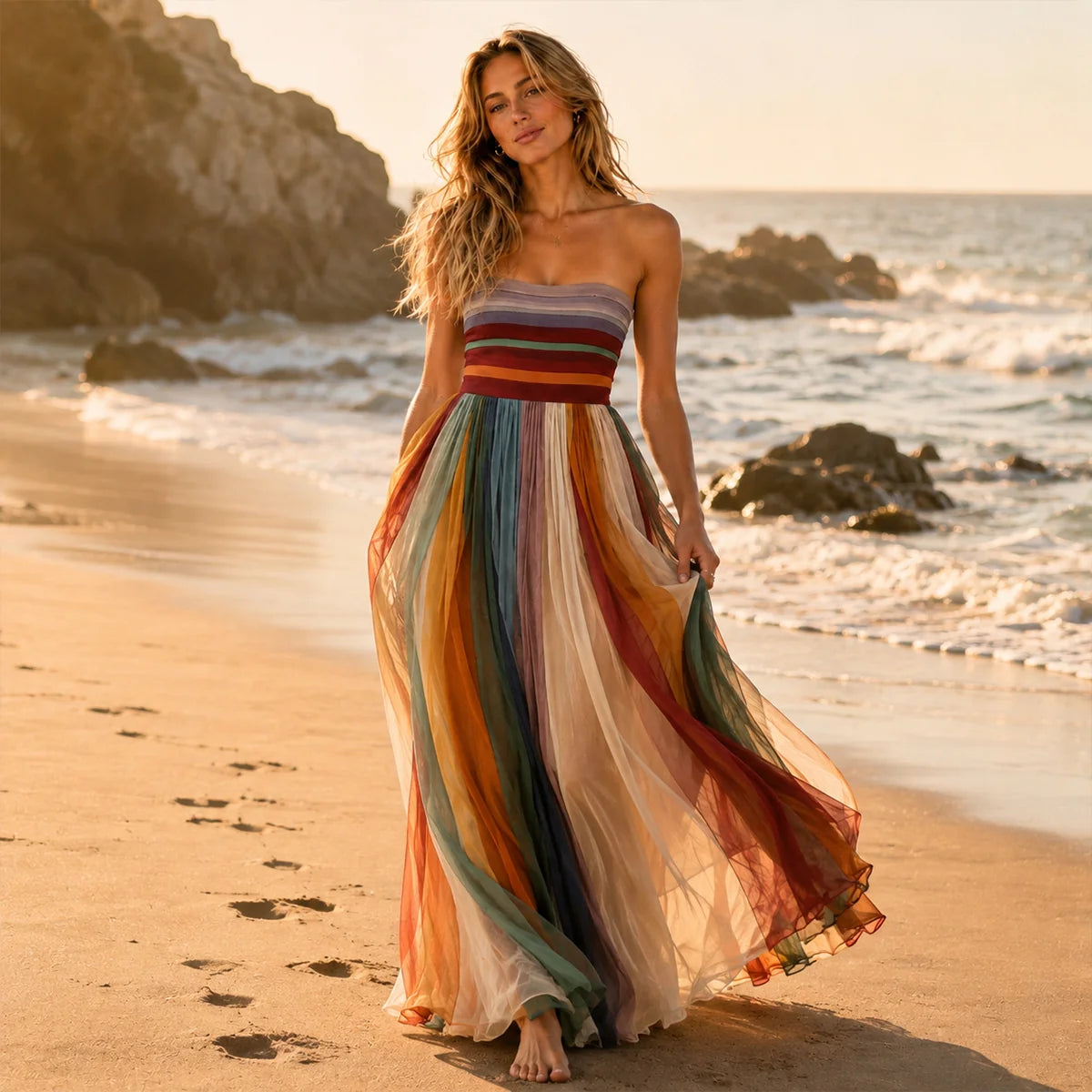 Women's Elegant Pleated Strapless Maxi Dress