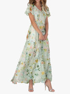 Women's Floral Flutter Sleeve V-Neck Maxi Dress