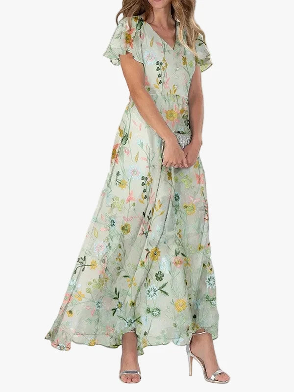 Women's Floral Flutter Sleeve V-Neck Maxi Dress