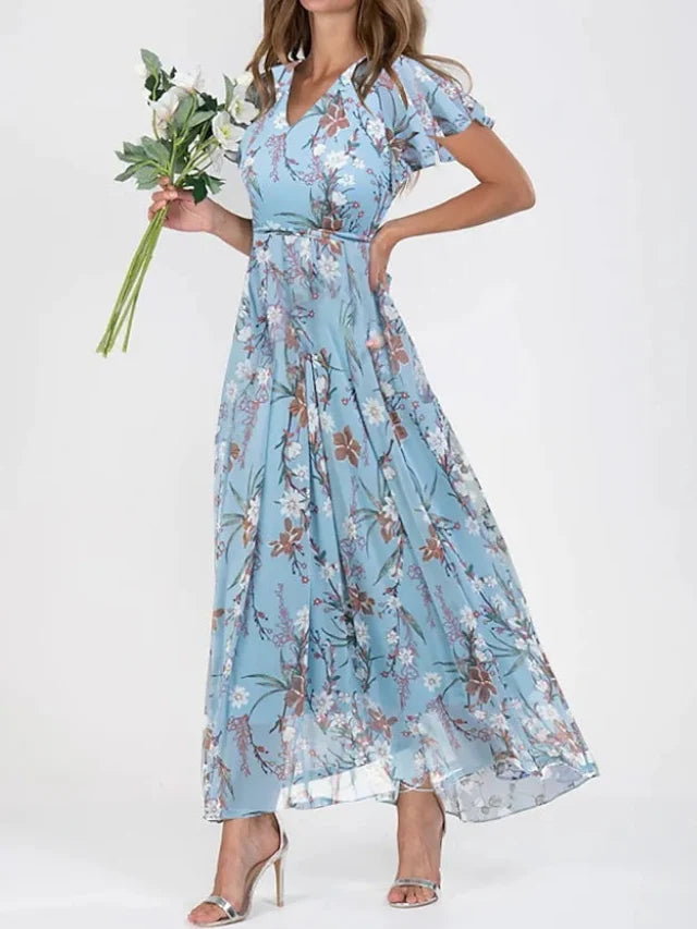 Women's Floral Flutter Sleeve V-Neck Maxi Dress