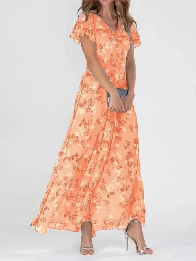 Women's Floral Flutter Sleeve V-Neck Maxi Dress