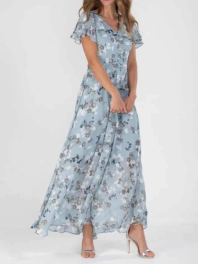 Women's Floral Flutter Sleeve V-Neck Maxi Dress