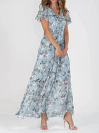 Women's Floral Flutter Sleeve V-Neck Maxi Dress