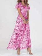 Women's Floral Flutter Sleeve V-Neck Maxi Dress