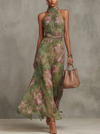 Women's Floral Print Halter Neck Chiffon Maxi Dress