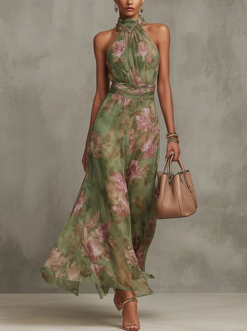 Women's Floral Print Halter Neck Chiffon Maxi Dress